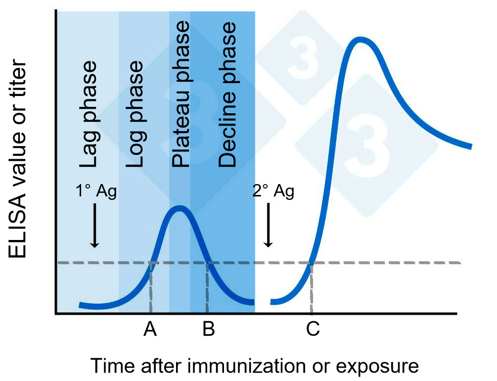 ELISA value or titer during time after the immunization.